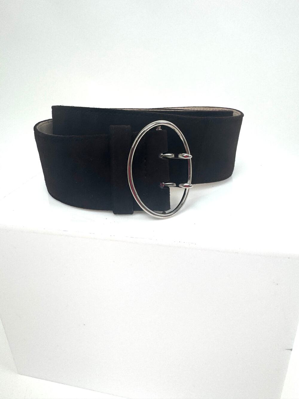Prada Black Suede Wide Belt Size 32/80 Silver Buckle Made in Italy